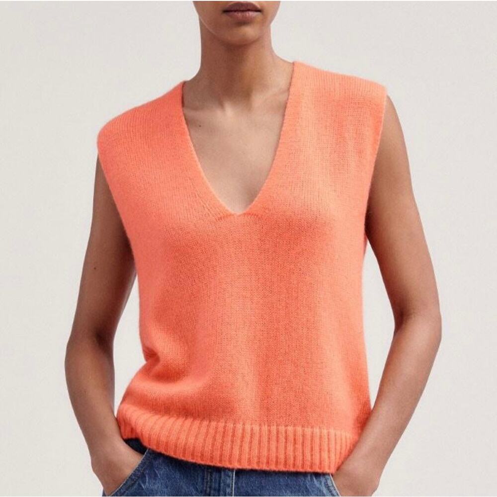 ME+EM Merino Cashmere Silk Sweater Vest Neon Peach XS V-Neck Lightweight